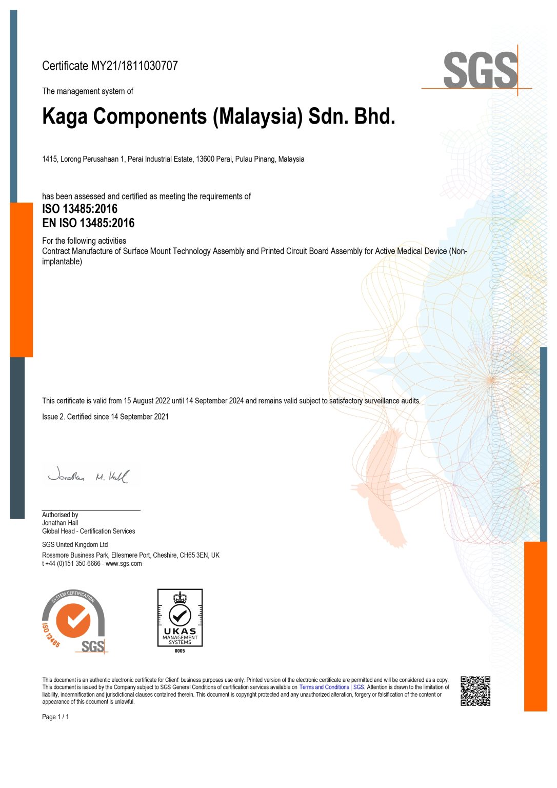 SGS ISO 13485 Certificate - UKAS 2022 2024
