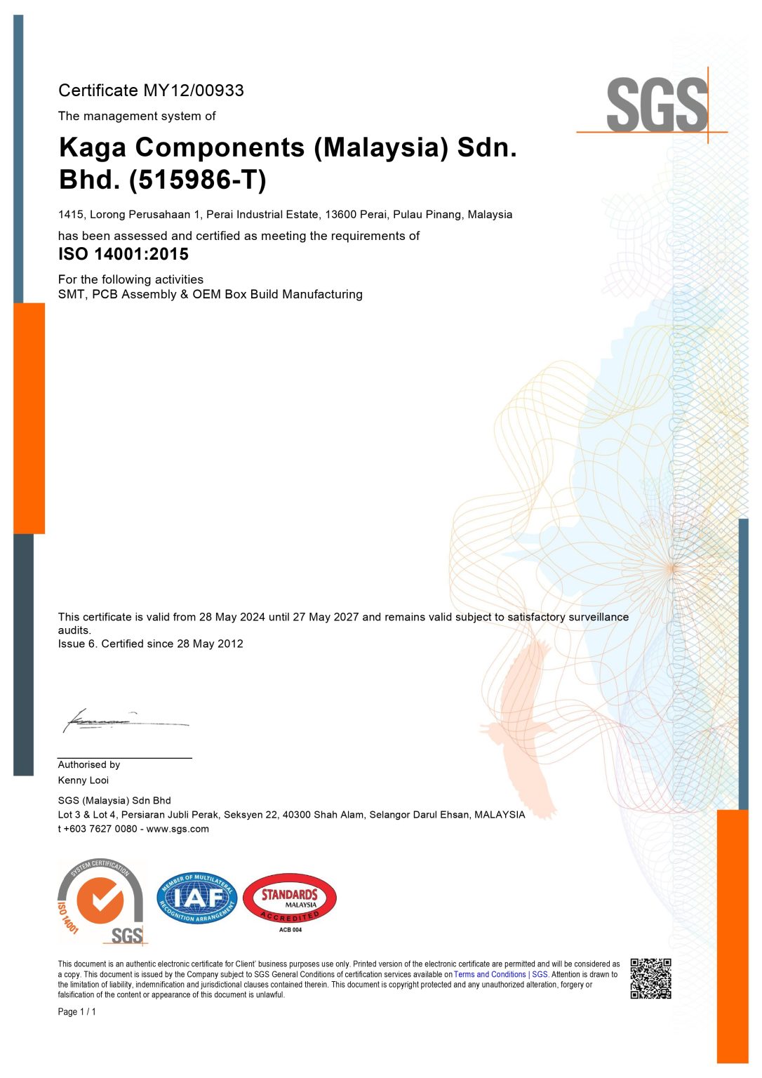 SGS ISO 14001 Certificate - Malaysia 2024 2027