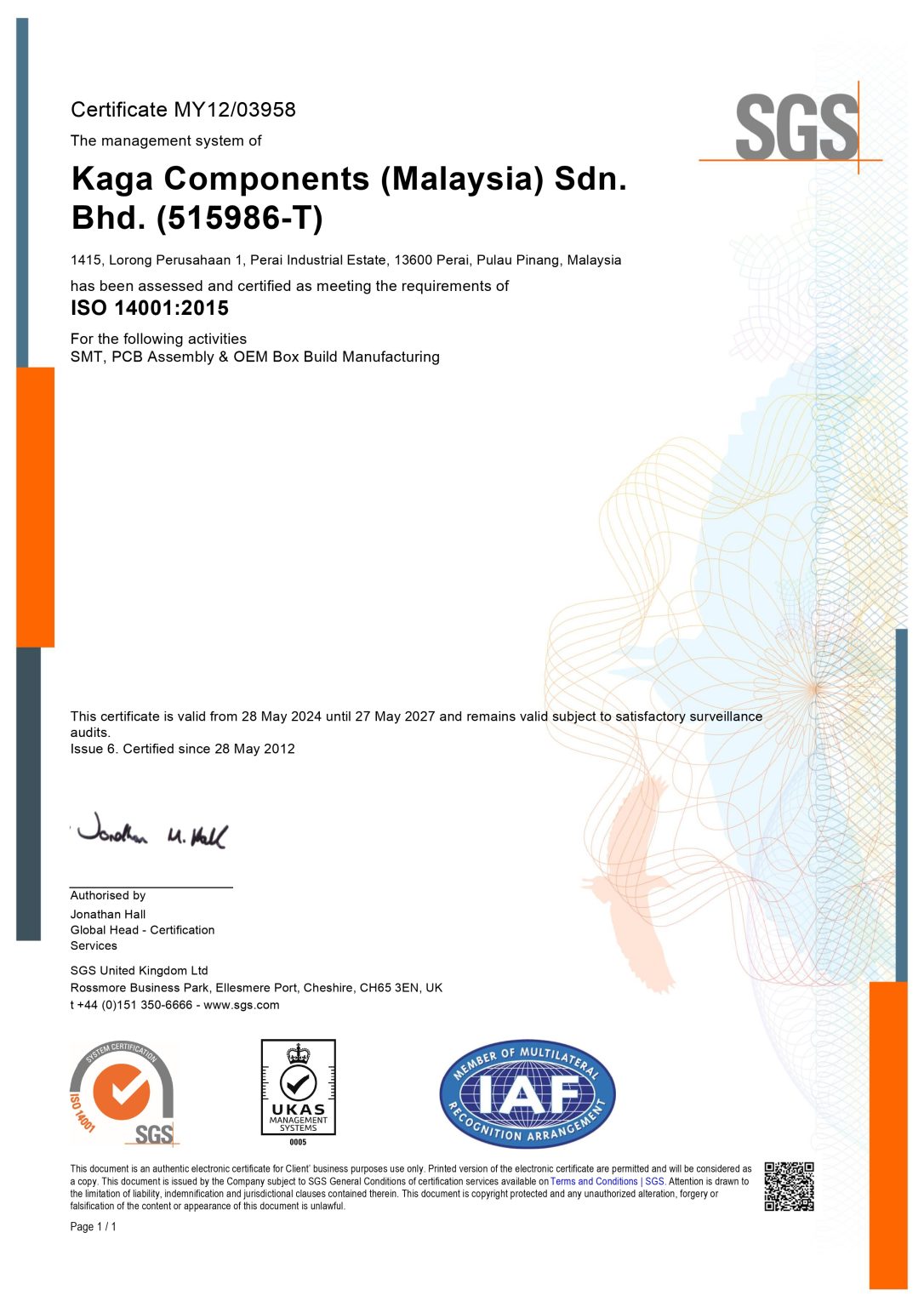 SGS ISO 14001 Certificate - UKAS 2024 2027
