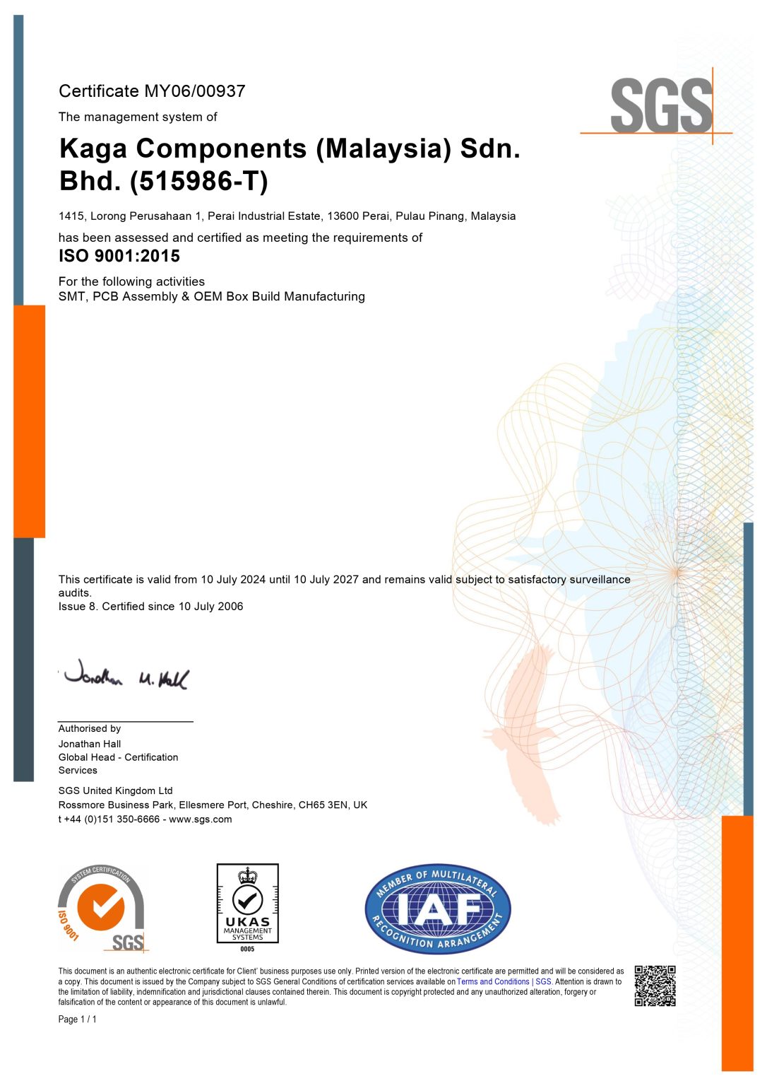 SGS ISO 9001 Certificate - UKAS 2024 2027